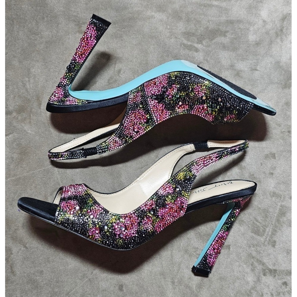 Betsey Johnson SB-MINA Floral Rhinestone Slingback Heels Black Pink Size 11M